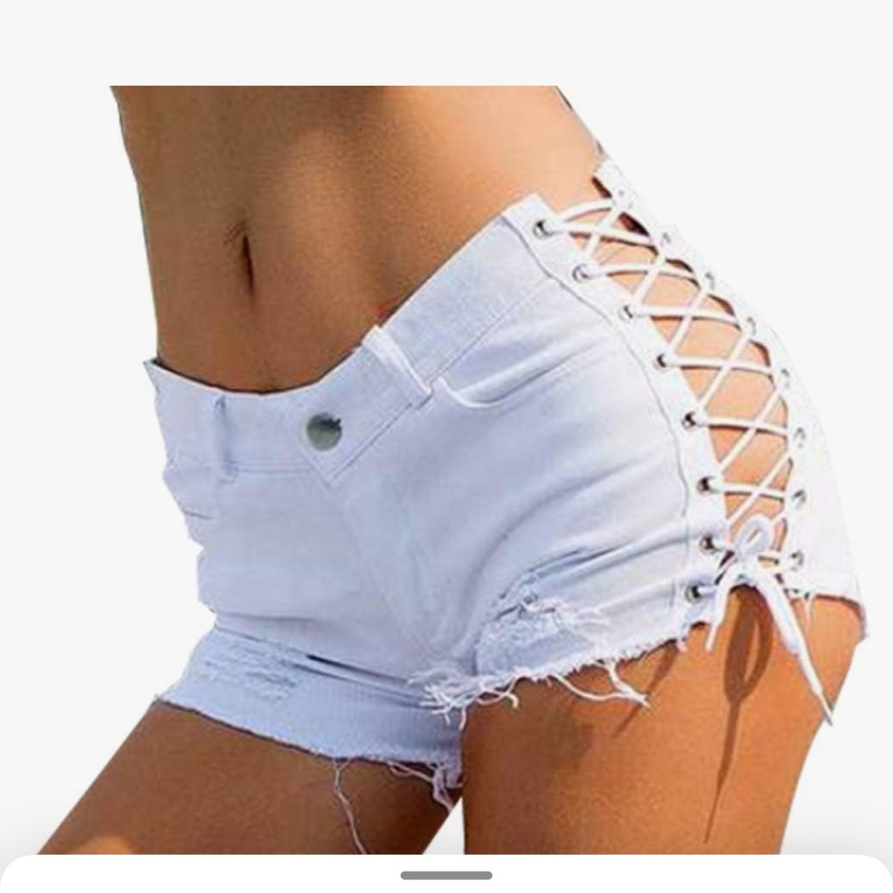 White corset tie lace up booty cheeky denim shorts jean beach rave festival sexy